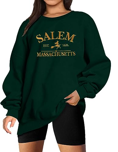 MYHALF Halloween Sweatshirts Women Oversized Salem Massachusetts Shirts Hocus Pocus Tees Tops Fall Holiday Crew Neck Pullover Green