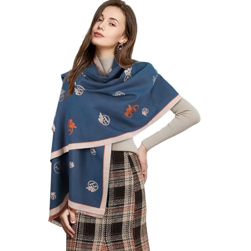 EXTREE Scarfs for Women Pashmina Silky Shawl Wrap for Evening Dressing Blanket Open Front Poncho Cape Blue and Brown Double Sided Multi Royal Horse