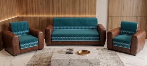 Image of KINGLY Sofa Cover 5 Seater 3+1+1 Velvet Full Cover - Teal Blue | Fully covered quilted velvet slipcover, washable anti-slip thick furniture protector for 3+1+1 living room sofa