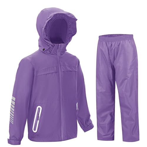 SWISSWELL Girls Rain Suit Waterproof Youth Rain Gear and Girl Rain Pants Breathable Reflective with Hood Purple 6-8 Years