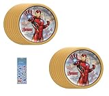 Iron Man Birthday Party Supplies Bundle includes 16 Dessert Cake Paper Plates and 1 Dinosaur Sticker Sheet