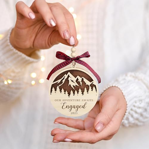 Pawzity Engagement Gifts for Couples - Engagement Ornament 2025 - Newly Engaged Gifts for Women, Her, Bride to Be - Fiance Gift Ideas for Women - Wood Our First Christmas Engaged Ornament 2025