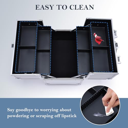 FRENESSA Makeup Train Case Makeup Organizer Box Portable Cosmetic Travel Case with Lock 4 Trays Aluminum Hard Vanity Box Make Up Artist Nail Beauty Storage Organizer Cosmetic Suitcase Bright Silver by FRENESSA - Image 7