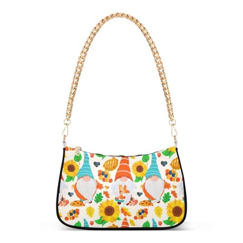 Cute Gnomes Sunflowers Yellow Clutch Handbags Womens Shoulder Handbag Aesthetic Zipper Classic Formal Purse Hobo with Chain Strap
