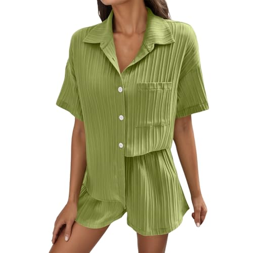Generisch Sommer Zweiteiler Damen Elegant Musselin Bluse Und Shorts, Aesthetic Lounge Set Baumwolle Sportanzug Oversize Freizeitanzug Langarm Hausanzug Clothes L-XXL
