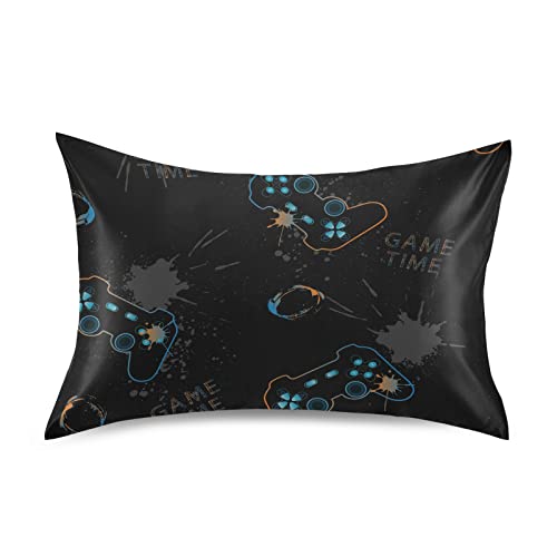 Oyihfvs Seamless Video Game Gamepad Joysticks In Black Blue Neon On Black Silky Satin Pillowcase For Hair And Skin, Soft Bed Pillow Cover, Decorative Silk Pillow Cases, King Size 20X40 Inches #TOP26