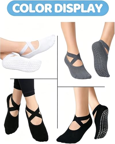 Image of AURUZA Pilates Grip Socks for Women Non Slip Skid Yoga Socks with Grips Straps for Ballet Dance Workout Gripper Sock