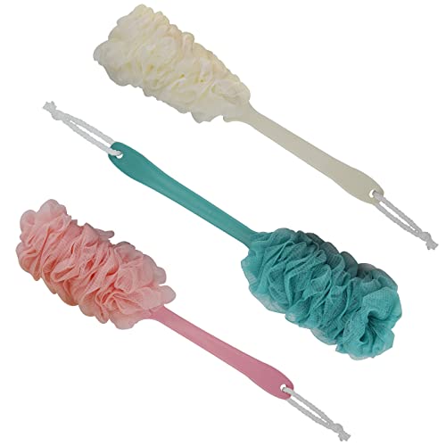 3 brosses pour le dos à manche long pour la douche, éponge loofah pour le dos avec maille douce pour le corps, brosse de douche avec cordon pour hommes et femmes, brosse exfoliante pour le corps (bleu