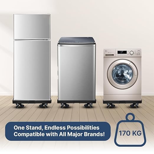 Image of CARE N TOUCH Adjustable Washing Machine Stand with Wheels | Front & Top Load 7kg-10kg Trolley | Fridge & Cooler Stand | Anti-Vibration Rust-Proof Metal Base | Up to 170 KG Black