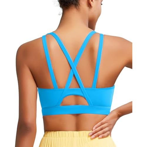 RUNNING GIRL Sports Bras for Women High Support, Molded Cup Strappy High Impact Sports Bras for Women with Sewn in Pads Bright Blue Medium