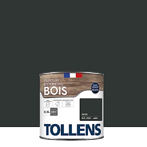 Tollens - Peinture extérieure bois 2 en 1 - Ultra Résistante - Finition Satin - Laque Riche en Résine - Pour Toute Boiserie Extérieure - Sans Sous-Couche - Noir - 0,5L = 8m2