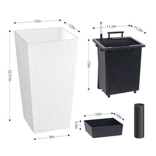 GarveeTech Self-Watering Rattan Planters Set of 2 – 22.5 Inch Tall Large White Flower Pots with Drainage, Detachable Liners, Water Level Monitor, Wheels – For Indoor/Outdoor Patio, Porch, Garden, Home by GarveeTech - Image 5