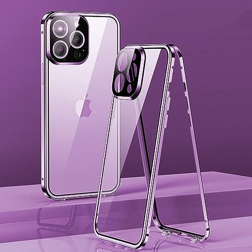 Funda magnética para iPhone 14 de vidrio doble cara con marco de metal color púrpura