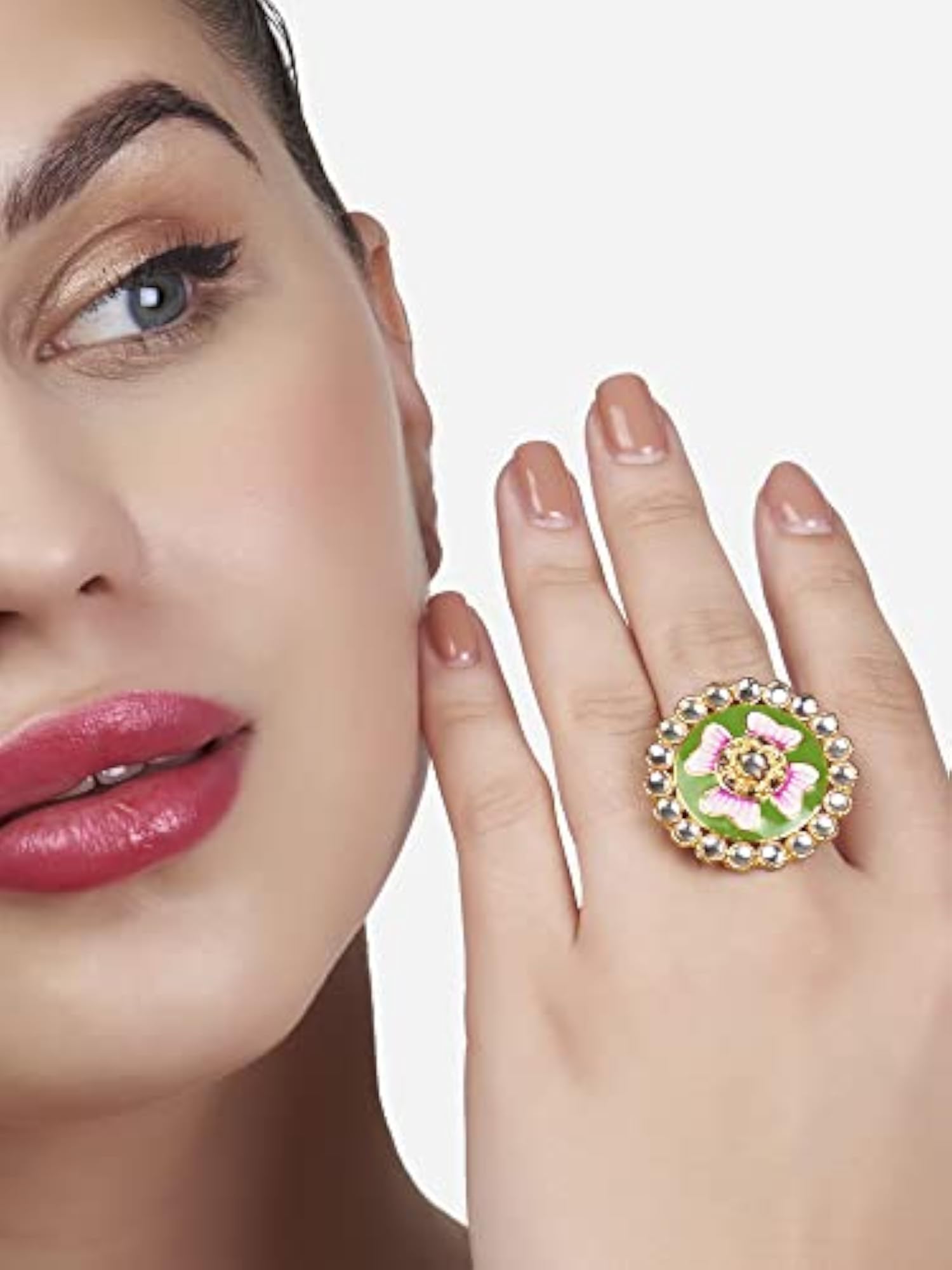 Meenakari Flower Kundan Adjustable Ring For Women