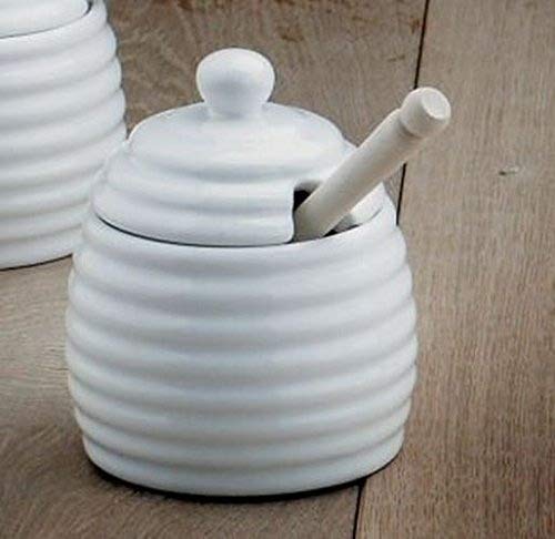 Honey Pot with wooden dipper (11cm) White Ceramic