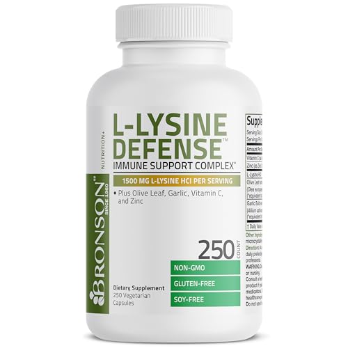 Image of Bronson L-Lysine Defense Immune Support Complex 1500 MG L-Lysine Plus Olive Leaf, Garlic, Vitamin C and Zinc - Non-GMO, 250 Vegetarian Capsules