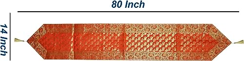 Image of Traditional Brocade Silk Table Runner for Living Room 4 to 6 Seater Dining Table Runner Elephant End Tassels 14x80 Inches (Orange)
