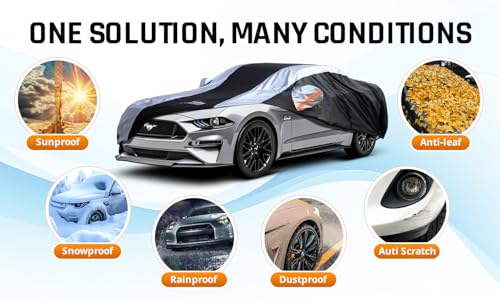 Image of Mustang Car Cover Waterproof All Weather with Silver Strip Design, Custom Fit for Ford Mustang 1994-2025, Mustang Accessory with Door Zipper & Windproof Straps