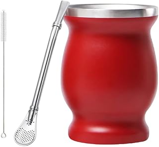 Juego de tazas de té con calabaza Yerba Mate de 8 onzas, rojo | 3 piezas, taza mate tradicional de doble pared de acero inoxidable 304, incluye pajita, incluye cepillo de limpieza
