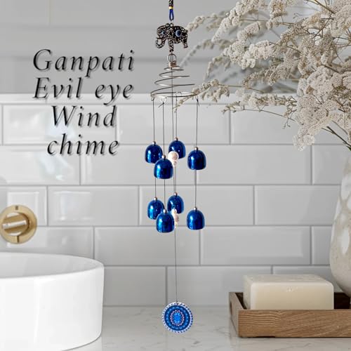 Image of Ganesh Elephant Evil Eye Wind Chime | Vastu & Feng Shui Good Luck Hanging | Metal Bells for Home, Temple & Outdoor Decoration