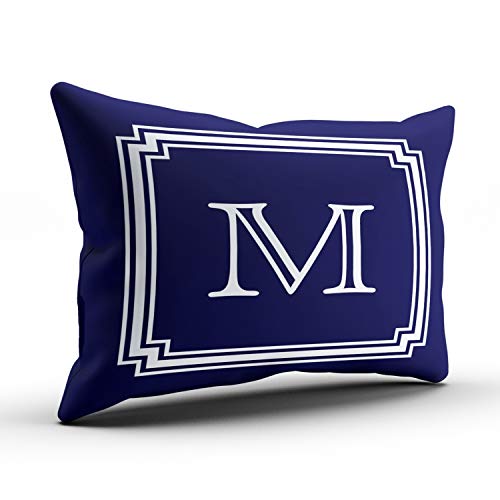 Onging Decorative Pillowcases White Notched Corner Frame Navy Blue Background Monogram Customizable Cushion Rectangle Lumbar Size 12X24 Inch Throw Pillow Case Hidden Zipper One Side Design Printed #TOP1