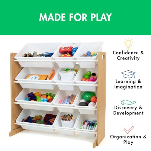 Image of Humble Crew Toy Storage Organizer with 12 Removable Storage Bins for Kids Playroom, 4-Tier Toddler Toy Organization, Natural /White