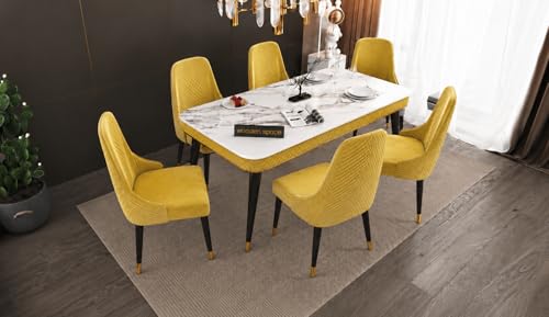 Image of WOODEN SPACE 6-Seater Wooden Dining Table Set | Nano Composite Marble Top | Solid Wood Base | Modern Dining Room Furniture with 6 Chairs (Yellow Modern Vento)