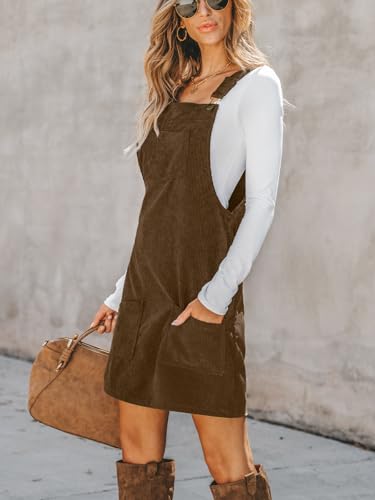 Image of CUPSHE Women Corduroy Fall Dresses Front Bib Pocket Square Neck Wide Strap Casual Overall Mini Dress