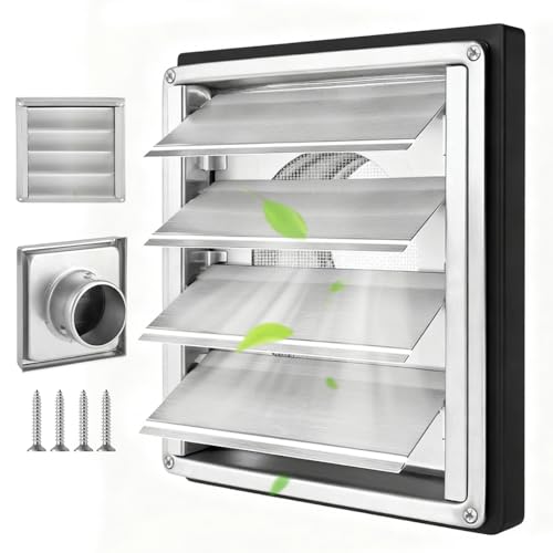 Grille d'aération en acier inoxydable - 150 mm - Avec clapet anti-retour - Grille de protection contre les intempéries - Avec moustiquaire - Joint à vis - Lamelles mobiles pour tuyau VMC - Couvercle