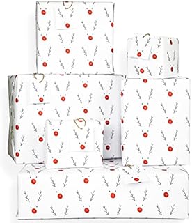 Set of 10 Rudolph Christmas Gift Wrapping Paper Sheets with 6 Tags - Eco Friendly, Made in UK, 100% Recyclable -Designed for Women Men and Children by The Doodle Factory