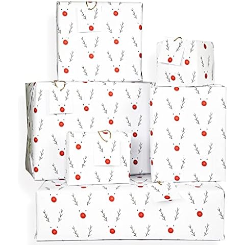 Set of 10 Rudolph Christmas Gift Wrapping Paper Sheets with 6 Tags - Eco Friendly, Made in UK, 100% Recyclable -Designed for Women Men and Children by The Doodle Factory Cover