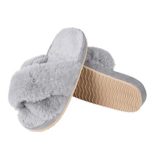 Women's Soft Plush Lightweight House Slippers Fuzzy Cross Band Slip On Open Toe Cozy Indoor Outdoor Slippers Grey Size 7-8 #TOP3