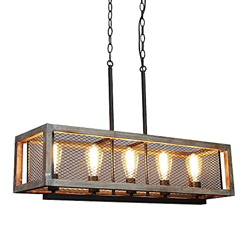 Black Friday - 50% OFF TABLIGHT Rectangle Birch Wood Metal with 5-Lights Internal Grid Wire Design Pendant Lamp Light Antique Design Ceiling Lamp Linear Chandeliers