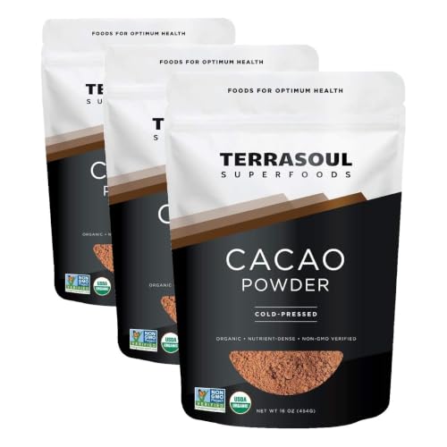 Image of Terrasoul Superfoods Raw Organic Cacao Powder, 16 Oz, Rich Chocolate Goodness for Baking, Smoothies, and Blissful Hot Cocoa (Pack of 3)