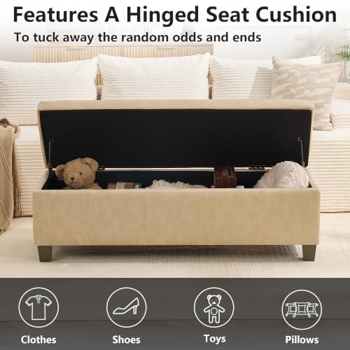 Image of 51 Inch Storage Ottoman, Storage Bench with Safety Hinge, Upholstered Synthetic Leather Ottoman Bench for Bedroom, Living Room, Entryway, Hallway, Foot Rest, Support 500lbs