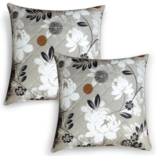 Image of HOKIPO 'Elira Series' Printed Quilted Cushion Cover for Sofa 22x22 Inches, Set of 2, Feather Brown Floral (AR-6232-C1*2)