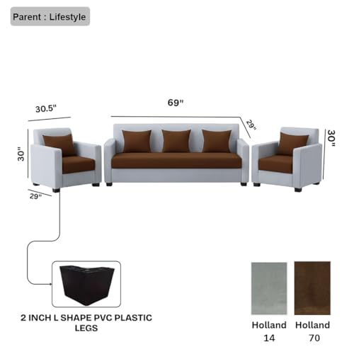 Image of FURNY Lexon 5 Seater Fabric 3+1+1 Sofa Set (Brown-Light Grey) Premium Velvet Finish | Durable & Comfortable | Ideal for Living Room