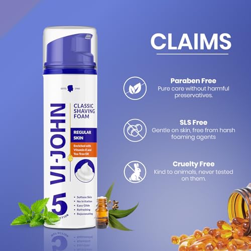 Image of VI - JOHN Shaving Foam For Men,Classic Regular Shaving Foam With Goodness Of Nature,Tea Tree Oil,Vitamin E Enriched And Anti- Bacterial Formula(200Gm- Pack Of 1)