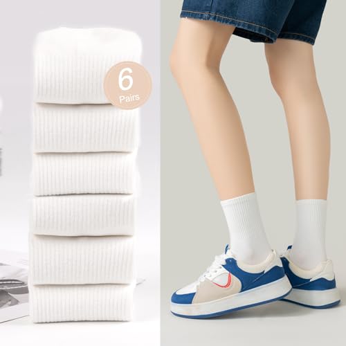 Image of Sunm Boutique Mini Crew Socks for Women, 3 Pairs /6 Pairs White Soft Cotton Calf Socks Above Ankle Leisure Athletic Breathable
