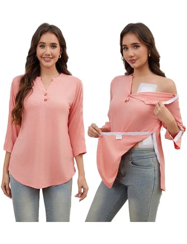 Post Shoulder Surgery Shirts for Women Tear Away 3/4 Sleeve Tops After Rotator Cuff Shirts V Neck Chemo Port Adaptive Clothing-Coral-XL
