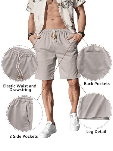 Comdecevis Men's Linen Shorts Casual Elastic Waist Drawstring Summer Beach Vacation Yoga Golf Shorts with Pockets Medium Light Gray