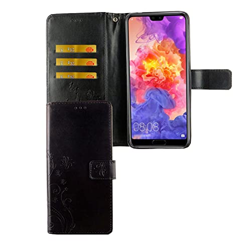 Étui Huawei P20 Pro König Design en cuir noir avec porte-cartes et support