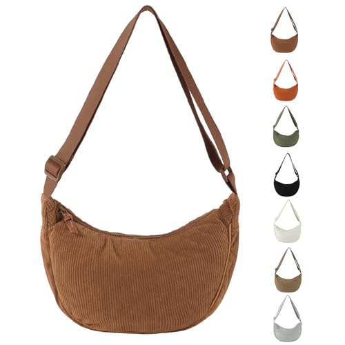 GoPaw Corduroy Crescent Bag for Women, Corduroy Cross Body Bag Women, Crossbody Dumpling Bag with Adjustable Shoulder Strap for Travelling, Work, School and Daily Use (Brown)