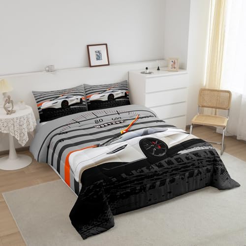 Image of Feelyou Black White Race car Airplane Comforter Set Speed Sports Car Bedding Set for Kids Teens Racing Car Comforter Extreme Sports Duvet Set Decor Quilt 2Pcs Twin Size Boys