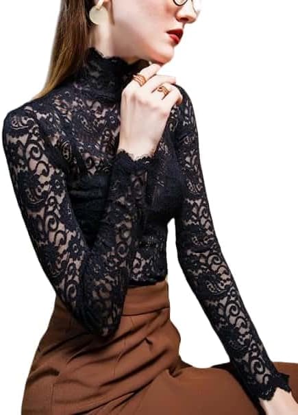Women's Sexy Slim Fitting Long Sleeved Turtleneck Pullover Bottom Shirt Mesh Lace Perspectives T-Shirt Top - Image 4