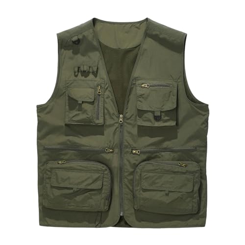 Generico Chaleco de pesca de verano para hombre con bolsillos cremallera Safari ligero para fotografía de secado rápido de pescador sin mangas cuello alto modelo versátil resistente ajuste, C Army