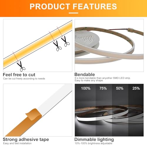 Image of Free Cuttable COB LED Neon Strip Light Waterproof IP68, 24V 16.4ft 6000K Silicone Flexible DIY LED Tape Light for Outdoor Bathroom Swimming Pool Decoration (Without Power Supply)