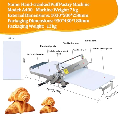 Manual Folding Dough Sheeter Machine, Stainless Steel Pastry Roller, with Adjustable Thickness, for Bakery, Pizza, Croissant, Commercial & Home Use,001,830 * 480 * 250mm - Image 2