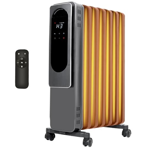 Hykolity Oil Filled Radiator Heater for Large Room, 1500W Electric Oil Space Heater with 7 Extra-Wide M-Shaped Fins, ECO Mode, 24H Timer, Power Memory, Overheat & Tip-Over Protection for Home Office