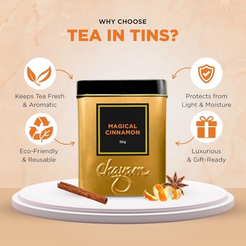 Image of CHAYAM Cinnamon Green Tea | 50g Loose Leaf with Ceylon Cinnamon, Clove & Star Anise | Wellness Tea for Detox, Digestion & Gut Health | Premium Gift Tin